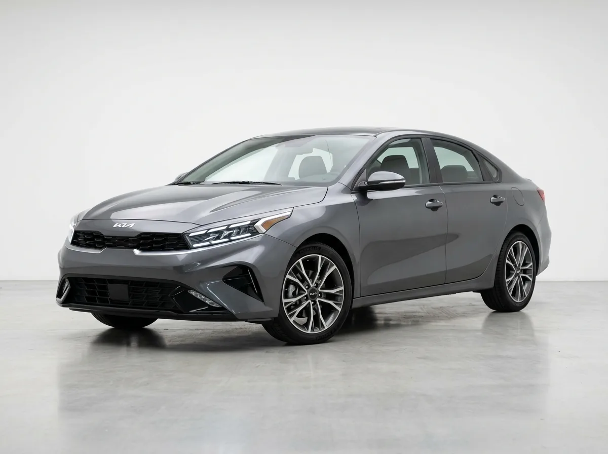 Intermediate sedan car, gunmetal gray, front three-quarter view, clean background, Kia K4 style midsize car