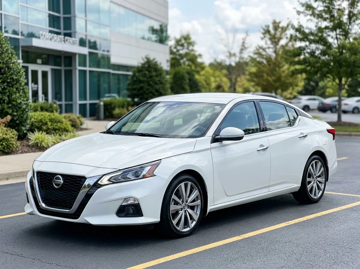Full-size sedan car, white, three-quarter front view, Nissan Altima style, polished professional look
