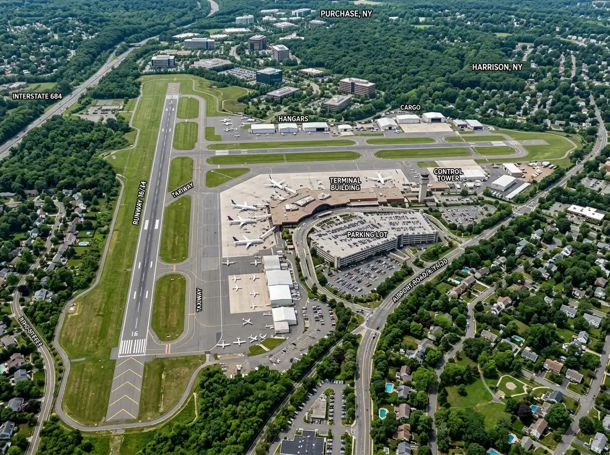 Westchester County Airport HPN exterior map view, aerial photography, terminal building, parking lots, runway, suburban New York setting